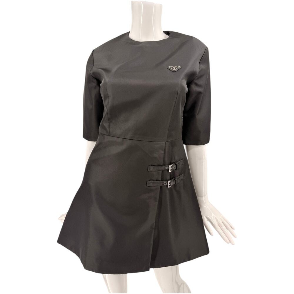 Prada Re-Nylon Logo Round Neck Fit And Flare Mini Dress Black Women's Size 38